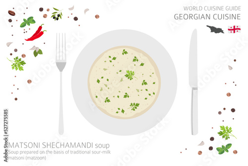 World cuisine guide. Georgian cuisine. Matsoni shechamandi soup isolated on white, infograpic