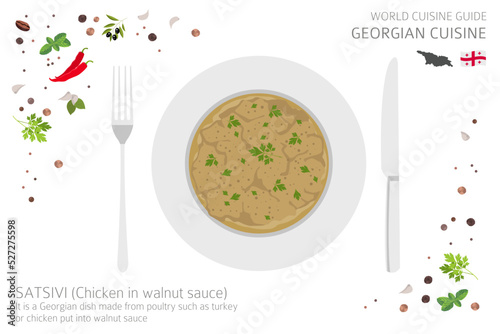 World cuisine guide. Georgian cuisine. Satsivi chicken isolated on white, infograpic