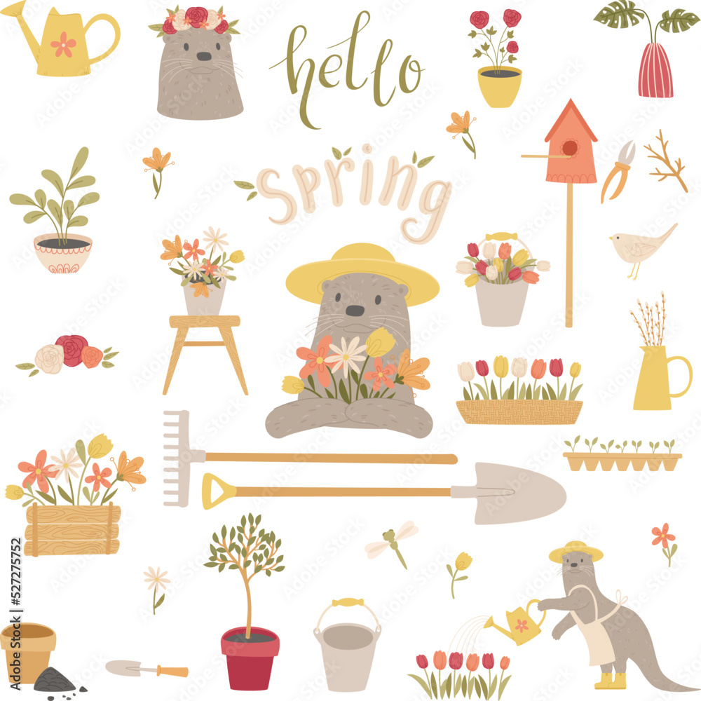 Cute otter character in the garden. Gardening outside. Spring gardening conceptual art. Vector isolated illustrations. 