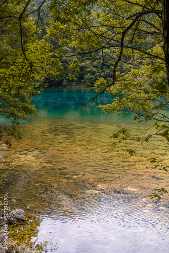 Close up vertical image of turquose waters of the lakes in Jiuzhaigou Valley Scenic area, Aba Tibetan Autonomous region, Sichuan, China