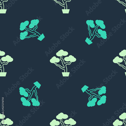 Green and beige Japanese bonsai tree icon isolated seamless pattern on blue background. Japanese culture, horticulture, olericulture hobby concept. Vector