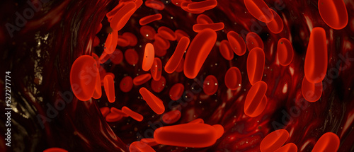 Red blood cells moving in blood vessel panorama. 3D rendering.