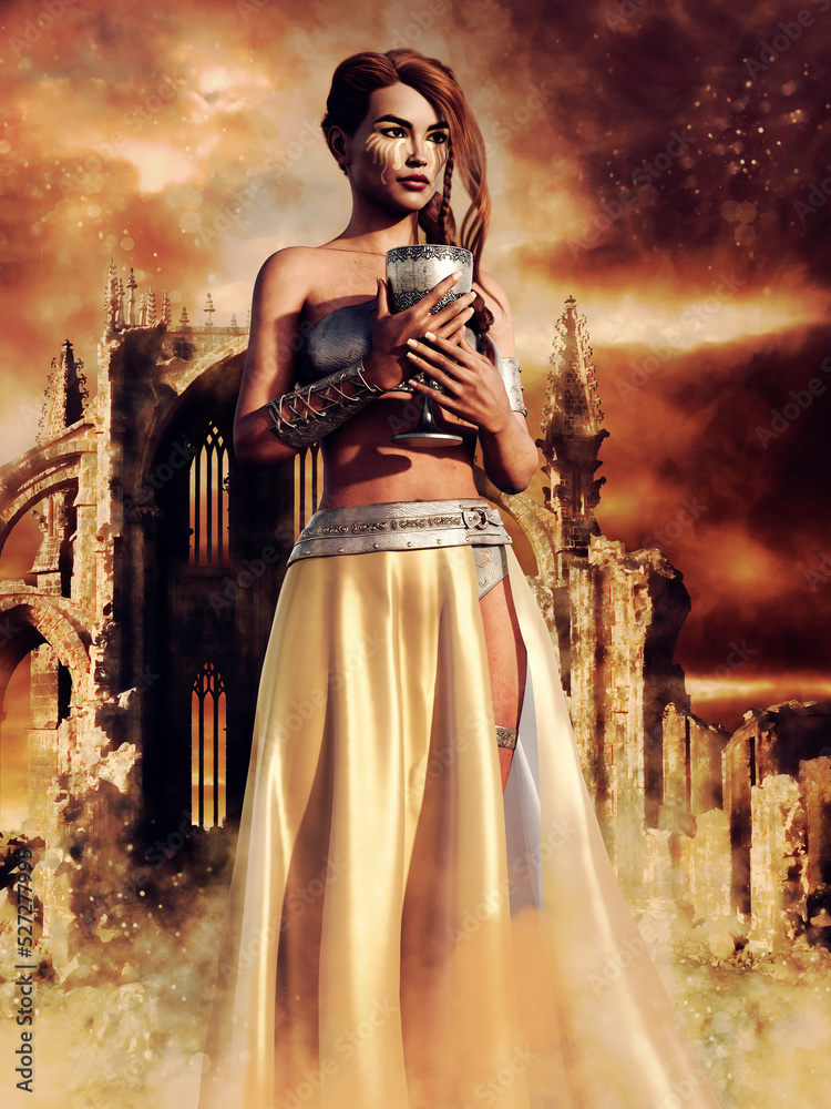 Φωτογραφία Colorful scene with a fantasy priestess standing in the ruins of an elven city