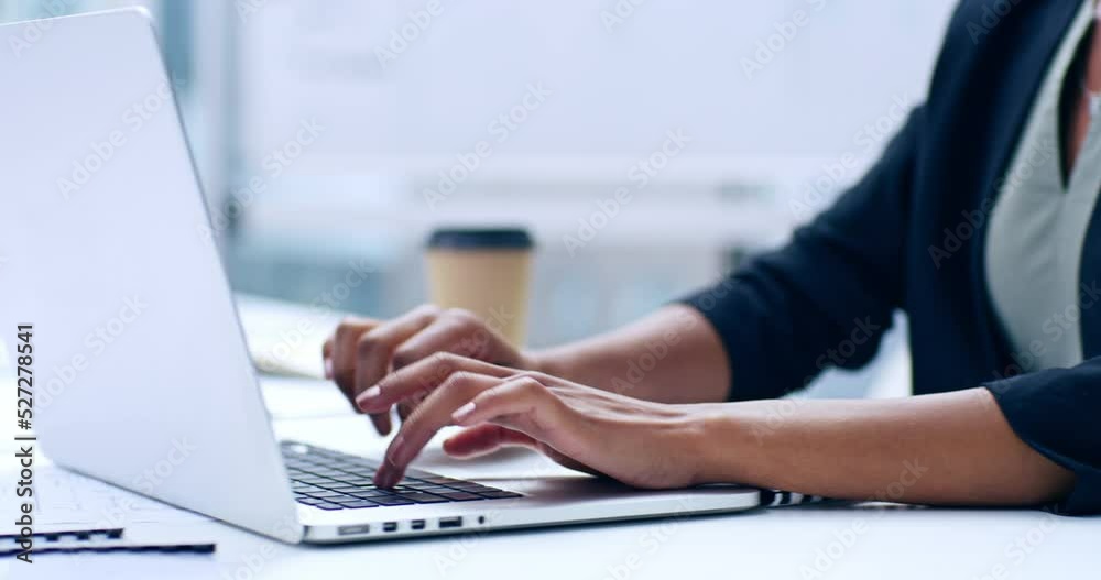Business woman, hands and typing on laptop keyboard for corporate meeting pitch brainstorm. Employee with quick and efficient notes on digital device for work idea or strategy planning.
