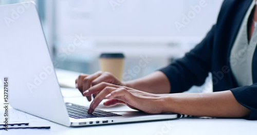Business woman, hands and typing on laptop keyboard for corporate meeting pitch brainstorm. Employee with quick and efficient notes on digital device for work idea or strategy planning.