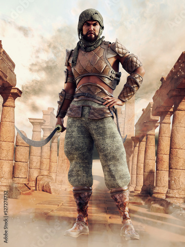 Canvas-taulu Fantasy scene with a bedouin warrior standing in the ruins of an ancient city in the desert