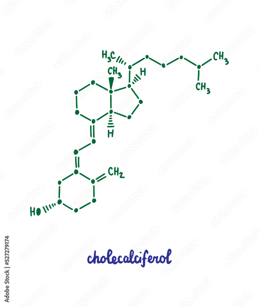 Cholecalciferol hand drawn vector formula chemical structure lettering blue green Cholecalciferol hand drawn vector formula chemical structure lettering blue green