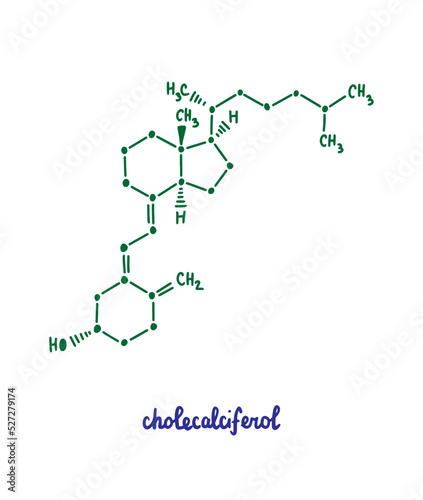 Cholecalciferol hand drawn vector formula chemical structure lettering blue green