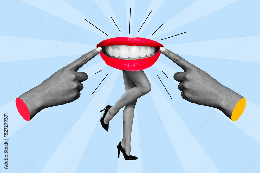 Obraz premium Creative abstract template collage of big beaming smile mouth woman legs heels two big head touch lips corners isolated painting background