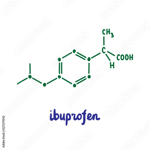 Ibuprofen hand drawn vector formula chemical structure lettering blue green photo