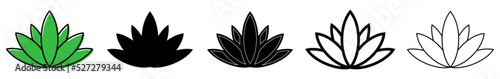 Lotus icon. Set of different icons of lotus. Flower silhouette. Vector illustration. Black sign