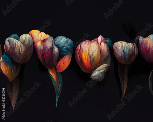Digital watercolour painting of tulips on a black background. Elegant vectorial flowers.