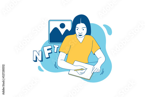 Illustrations of Beautiful NFT creator drawing NFT art with a tablet design concept