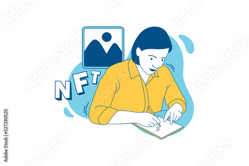 Illustrations of Beautiful NFT creator drawing NFT art with a tablet design concept