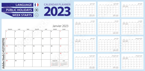 French calendar planner for 2023. French language, week starts from Sunday.
