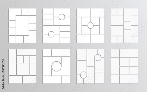 Frame images grids collection. Set of collage layouts. Moodboard template. Photo mood board. Mosaic pictures. Album brandboards. Presentation background. Organised portfolio. Vector illustration