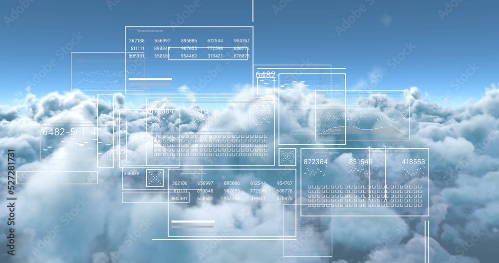 Image of interface with processing data over blue cloudy sky Image of interface with processing data over blue cloudy sky