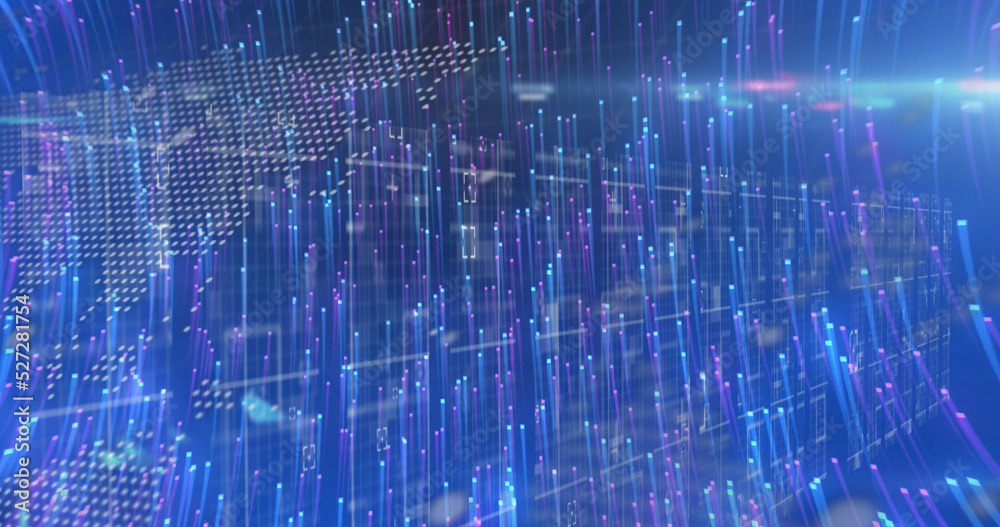 Image of light trails over world map with data processing on black background