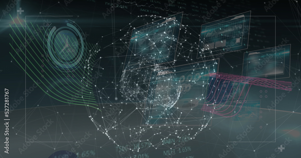Obraz premium Image of data processing over globe and moving clock on black background