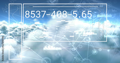 Image of digital data processing and networks over clouds