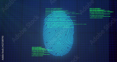 Image of data processing over fingerprint icon on blue background
