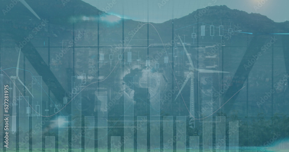 Image of statistical data processing over spinning windmills on grassland