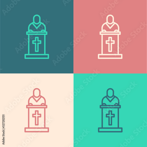 Pop art line Church pastor preaching icon isolated on color background. Vector Illustration