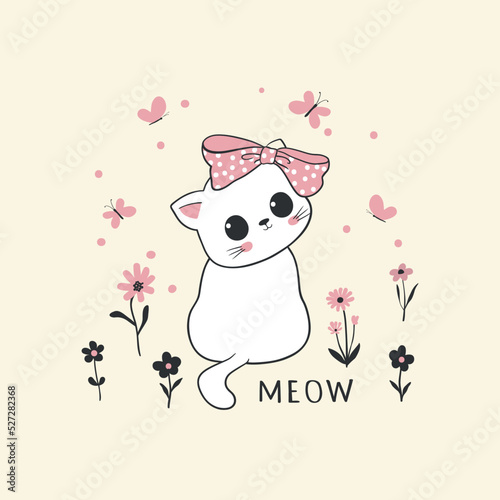 Сute little kitten with a bow. Vector illustration for kids. Use for fashion wear,  t-shirt  print, surface design, cards