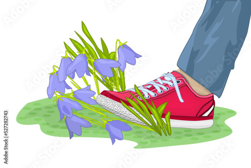 Cartoon shoes ruthlessly tramples living flowers. Foot stepping on endangered plant. Leg with sneakers treading on flowers. Environment protection, vandalism, nature concept. Stock vector illustration