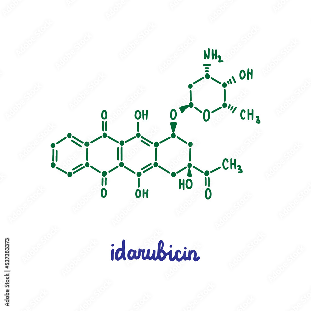 Idarubicin hand drawn vector formula chemical structure lettering blue green