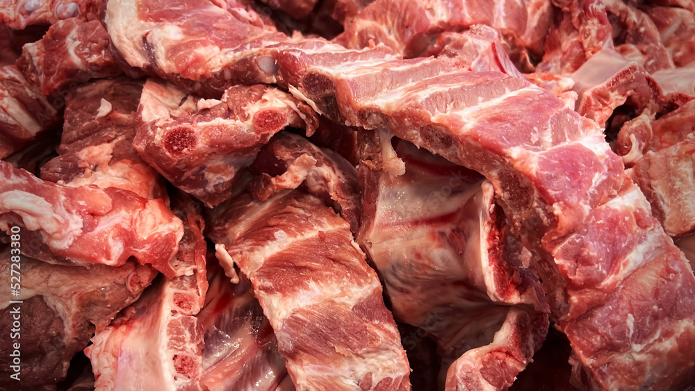 Fresh pork ribs sliced in the Market.