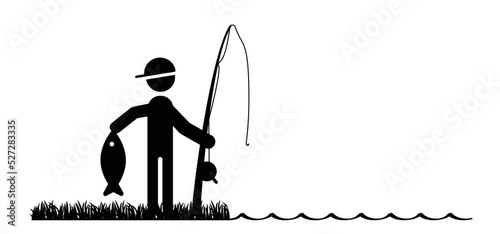 Cartoon drawing stickman, stick figure man holding a fish with casting rod. fishing symbol. Fish line pattern. Fisherman with fishing rod. Hobby fisher man concept icon or pictogram. 