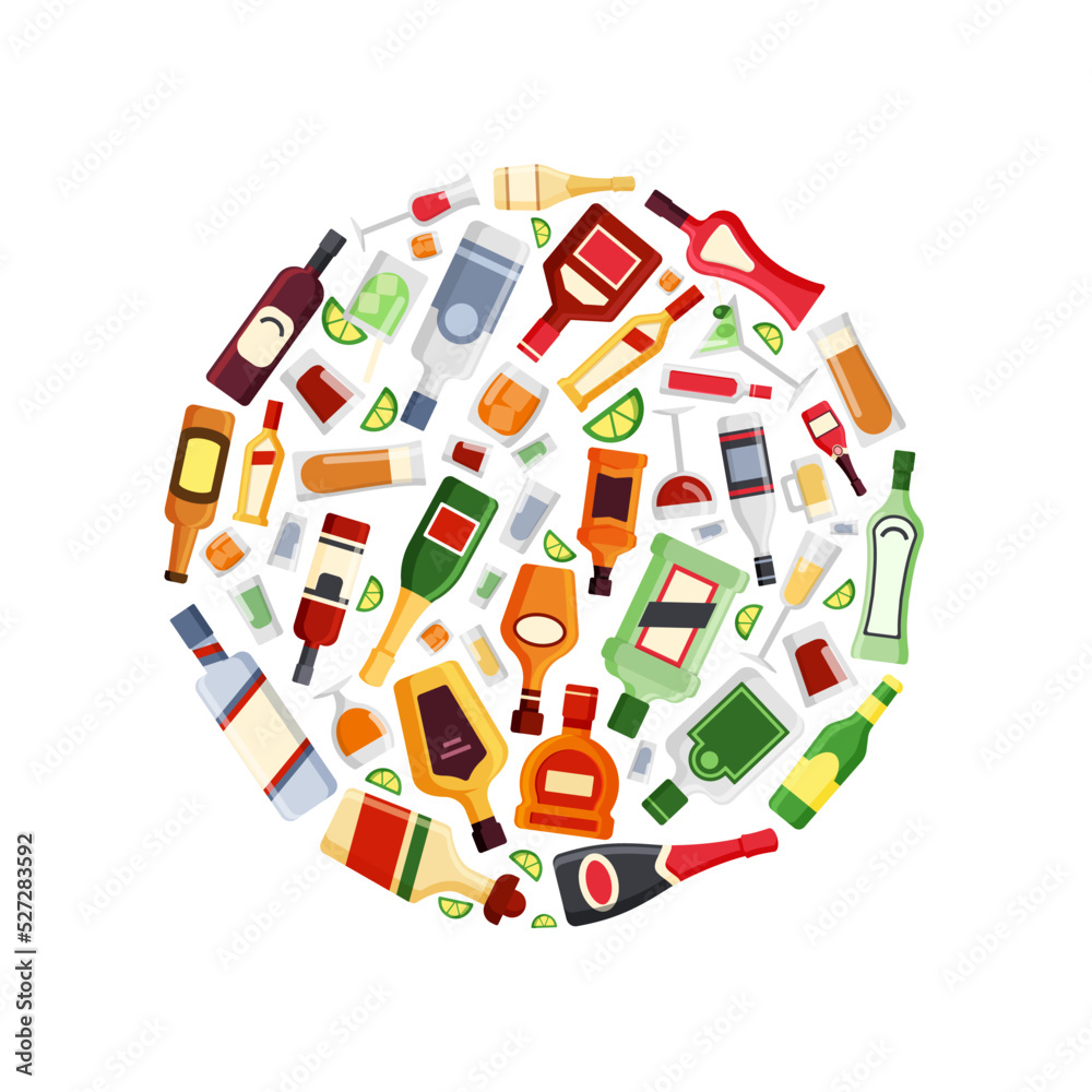 bottles drinks. alcoholic products in glass bottles rum vodka whiskey. Vector pictures in circle form