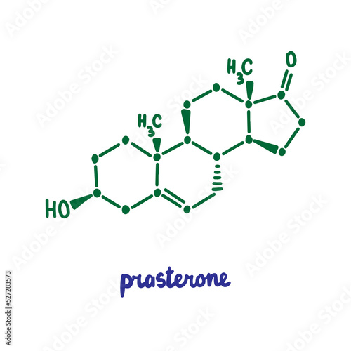 Prasterone hand drawn vector formula chemical structure lettering blue green