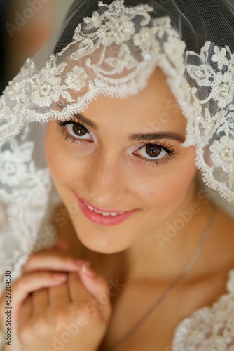 Beautiful girl bride in white dress and veil. Portrait of a woman before the wedding in the room.