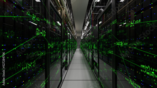 Aisle in a data center showing racks of computers performing calculations.  Green graphic overlays are shown. photo