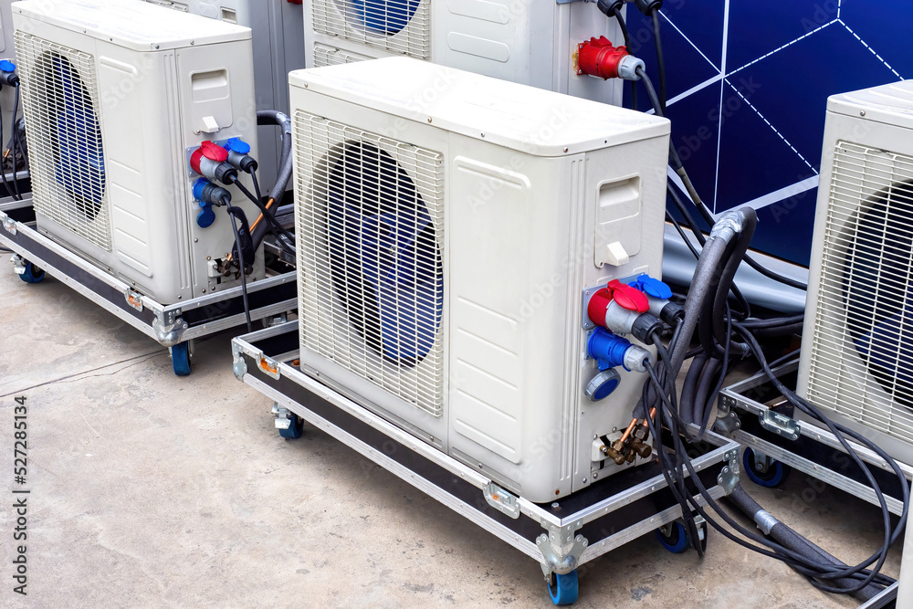 Portable air conditioners system. Temporary Split Equipment. Blocks conditioners on mobile bases