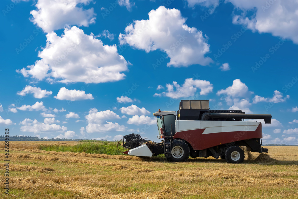 Combine harvester. Harvesting wheat. Harvester against background of summer sky. Agricultural work. Modern harvester for agricultural work. Special machinery for harvesting wheat or grain