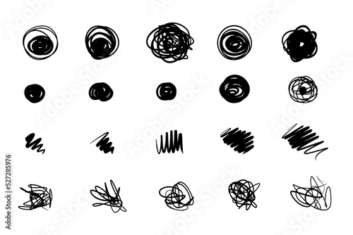Scribble grunge circle doodle cartoon dot blot elements collection hand drawn in vector set. Black and white sketch bullet journal strokes isolated on white.