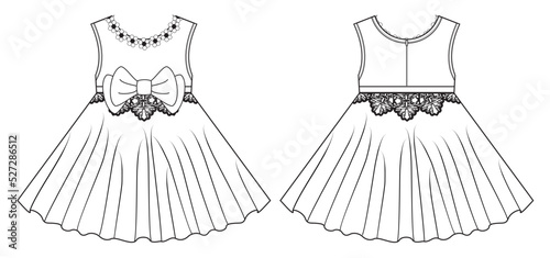 Girl's Dress. Charming dress with a full skirt cinched by an embellished sash at the waist. With the detail of flowers on the collar. - Vectorial