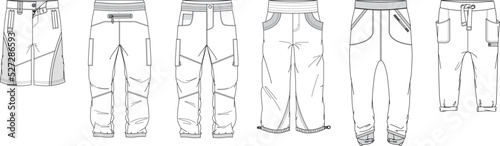 Technical drawings of men's pants and shorts.
