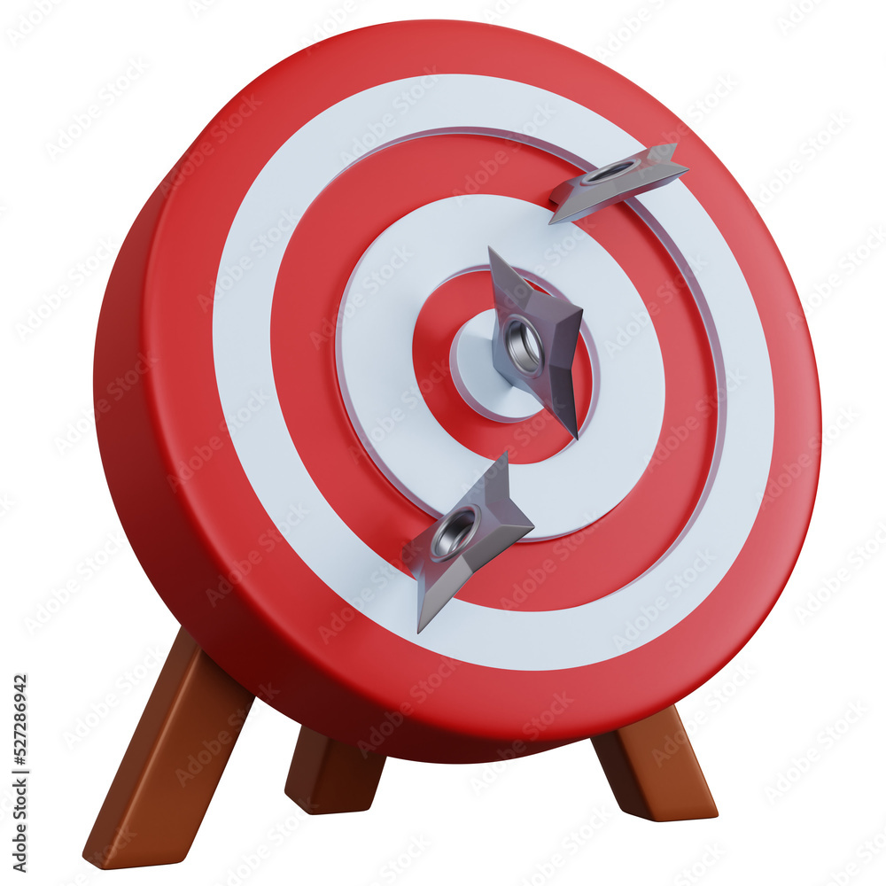 3d rendering red target with three shuriken isolated