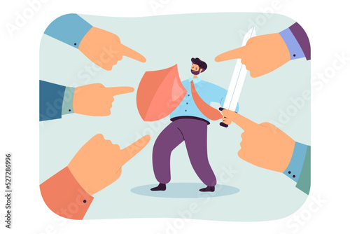 Fingers of people pointing at businessman with sword and shield. Tiny man protecting business flat vector illustration. Leadership safety concept for banner, website design or landing web page