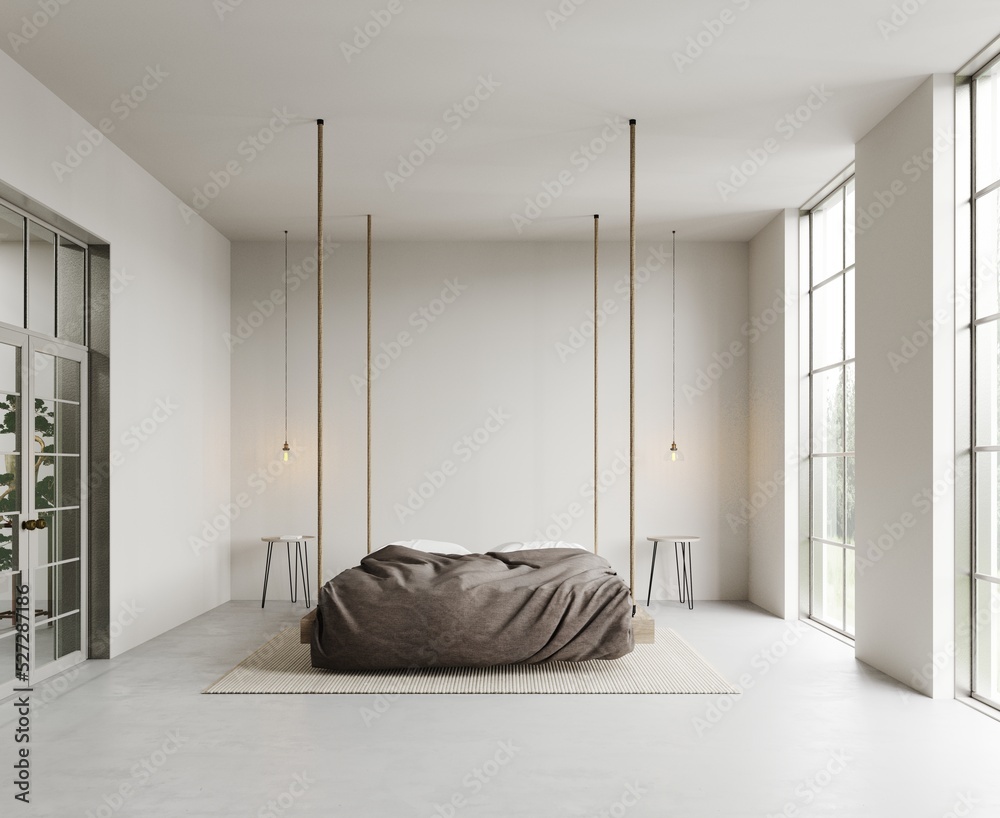 Modern white bedroom with with hanging bed on ropes, concrete floor and ...