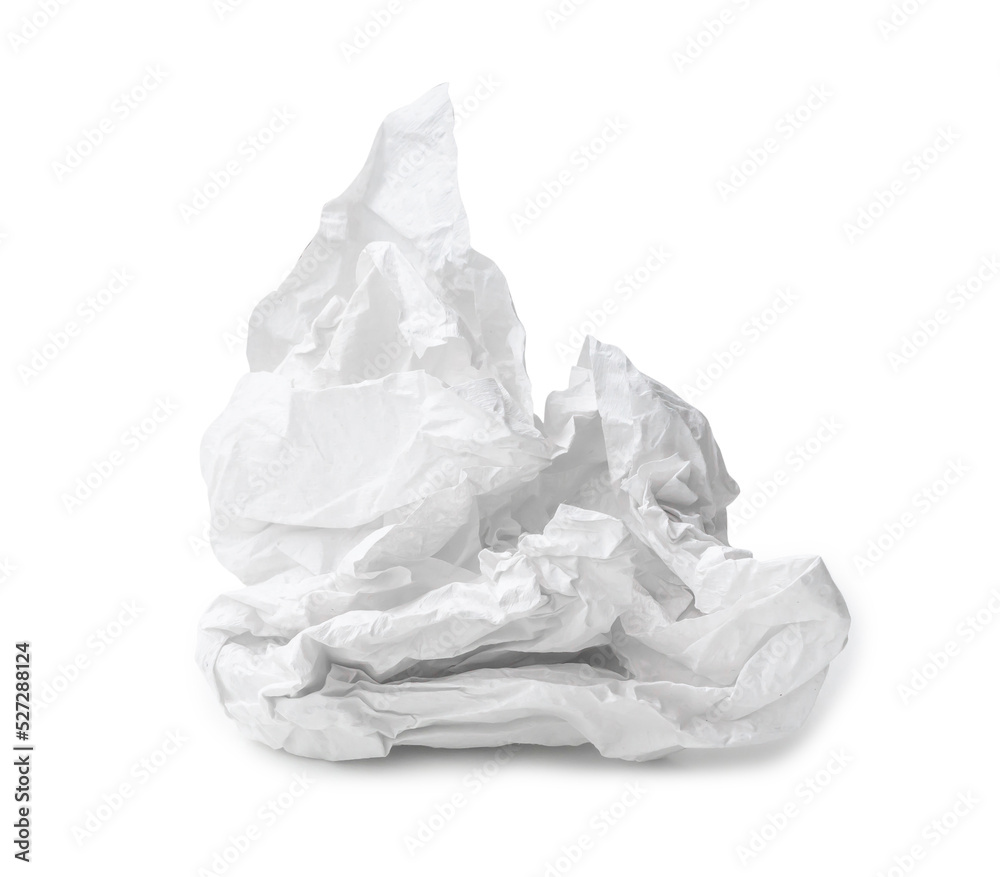 Single screwed or crumpled tissue paper after use isolated on white background with clipping path Single screwed or crumpled tissue paper after use isolated on white background with clipping path