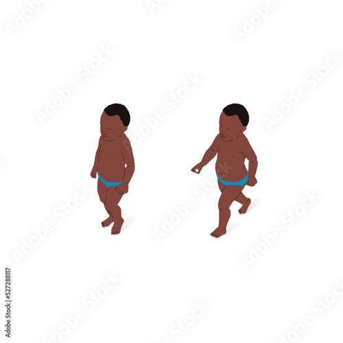 Child of African ethnic origin  standing and walking  isometric view  full body. Isometric vector illustration.