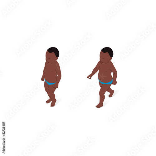 Child of African ethnic origin, standing and walking, isometric view, full body. Isometric vector illustration.