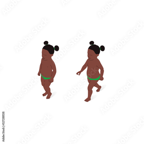 Little girl of African ethnic origin, standing and walking, isometric view, full body. Isometric vector illustration.