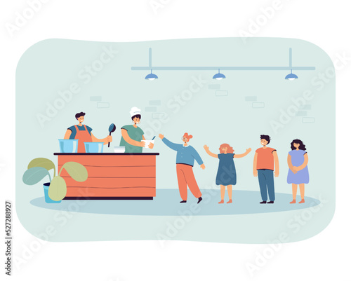 Hungry kids standing in queue for healthy food in school canteen. Girl taking plate from female chef flat vector illustration. Lunchtime, order concept for banner, website design or landing web page