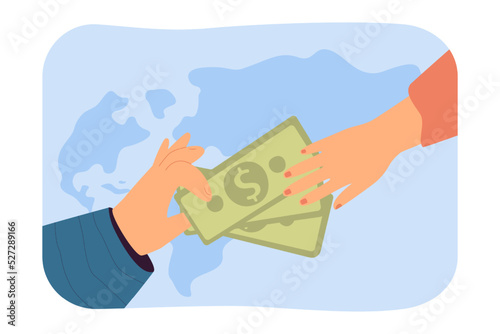 Transferring money abroad flat vector illustration. People sending money to another country. International money transaction concept for banner, website design or landing web page